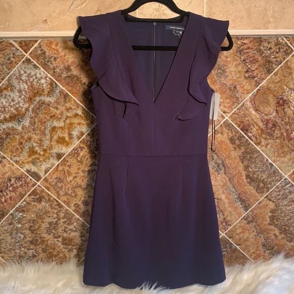 French Connection Summer Whisper Ruffle V Neck Dress in Duchess (Navy) Blue Sz 2 - Picture 2 of 10